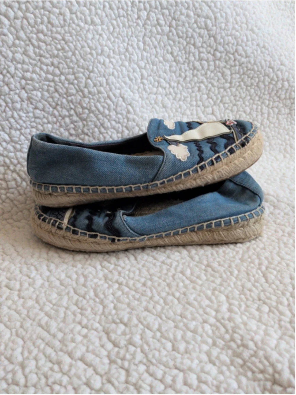 Tory Burch seaside nautical denim coastal fish resortwear espadrilles sandals